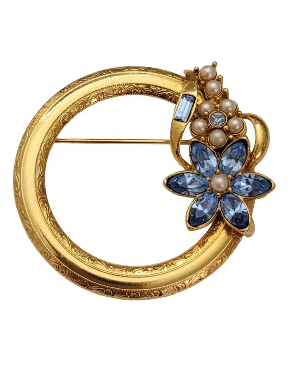 Vintage Gold Tone Open Round Blue Rhinestone Faux Pearl Flower Brooch Pin E631